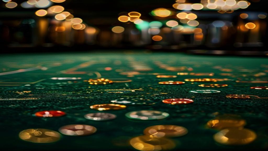 Pak Super Casino floor at night with green felt tables and scattered gold chips