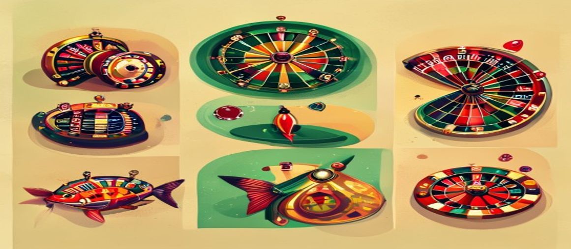 Collage of slot reels, a roulette wheel, blackjack cards, a rising multiplier and an arcade fish