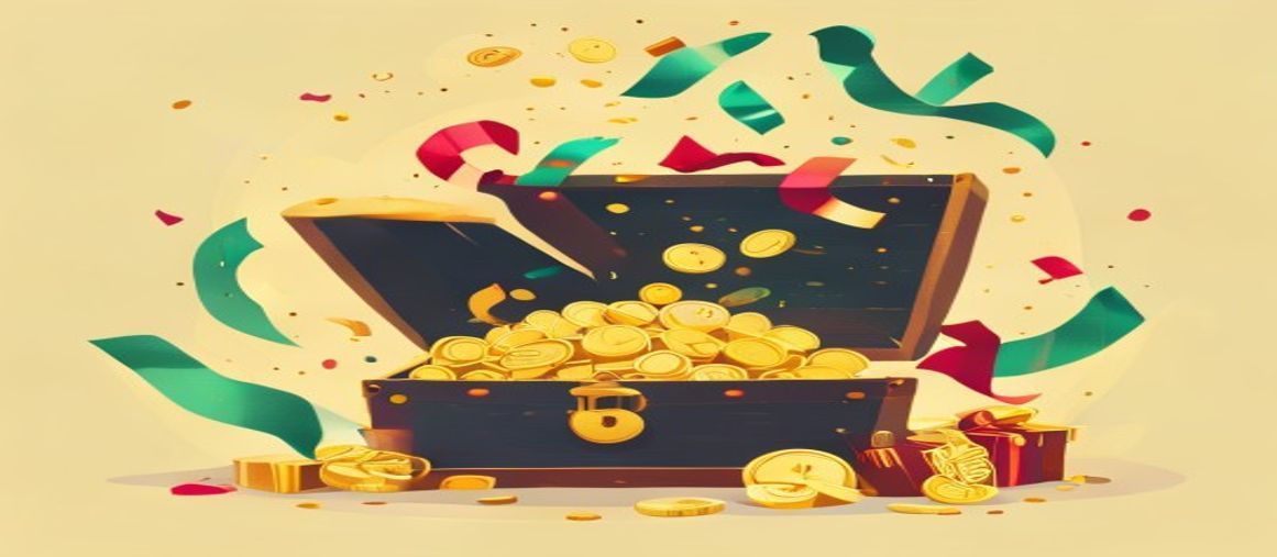 Gold coins spilling from an open treasure chest with gift ribbons and reward badges